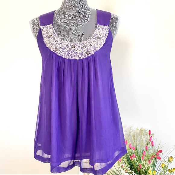 Bead Embellished Violet Dolly Dress Top - Picture 1 of 4